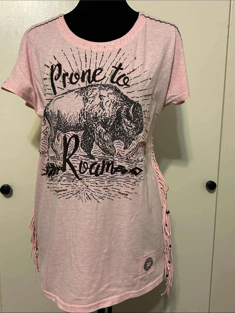 Double D Ranch Pink Graphic Fringe Top with Embellishment